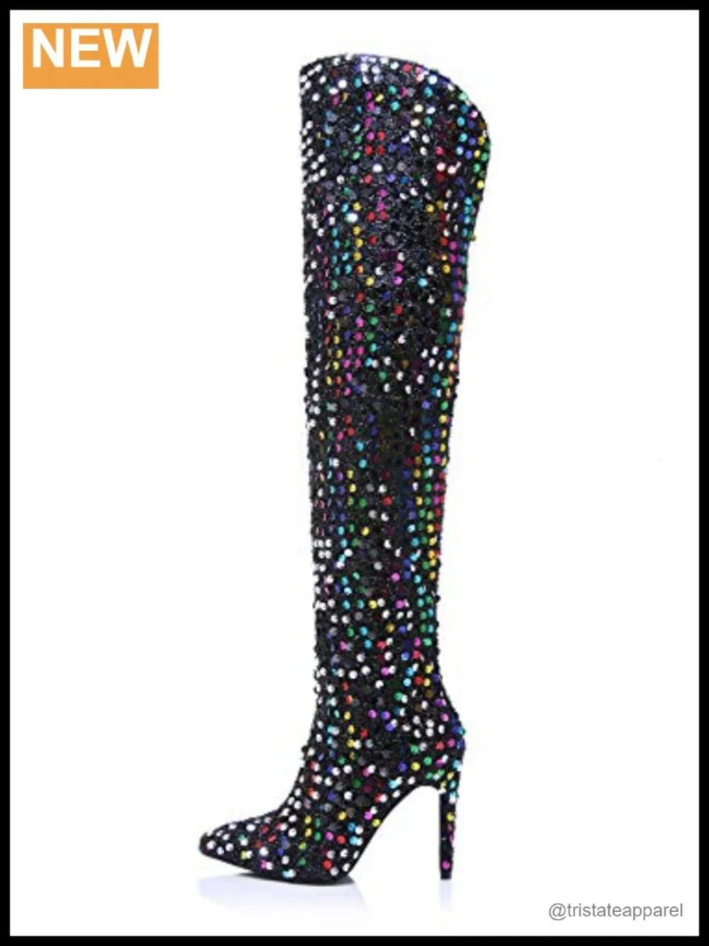Women Sequined Pointed Toe Over Knee Stiletto Heel Boots Thigh High Zip